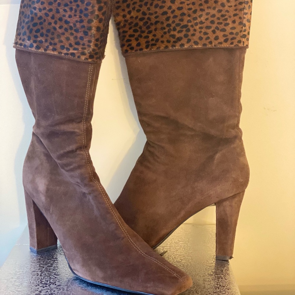Bandolino Brown suede/cheetah pony skin mid-calf boots